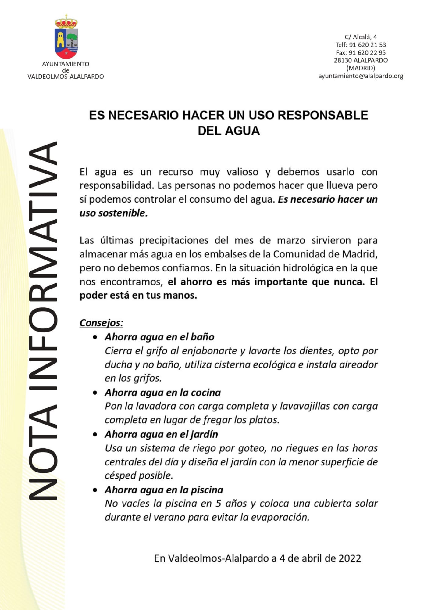 Nota Informativa Uso Responsable Del Agua Ayuntamiento De Valdeolmos