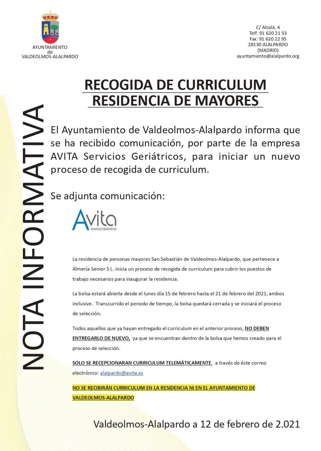 Recogida de Curriculum Vitae para la Residencia de Mayores