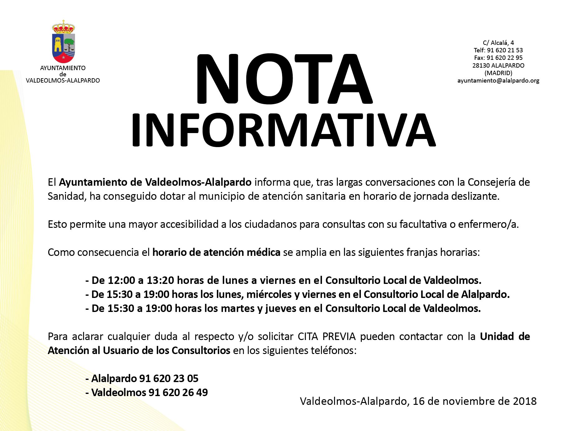 Nota Informativa - HORARIO DE ATENCIÓN MÉDICA